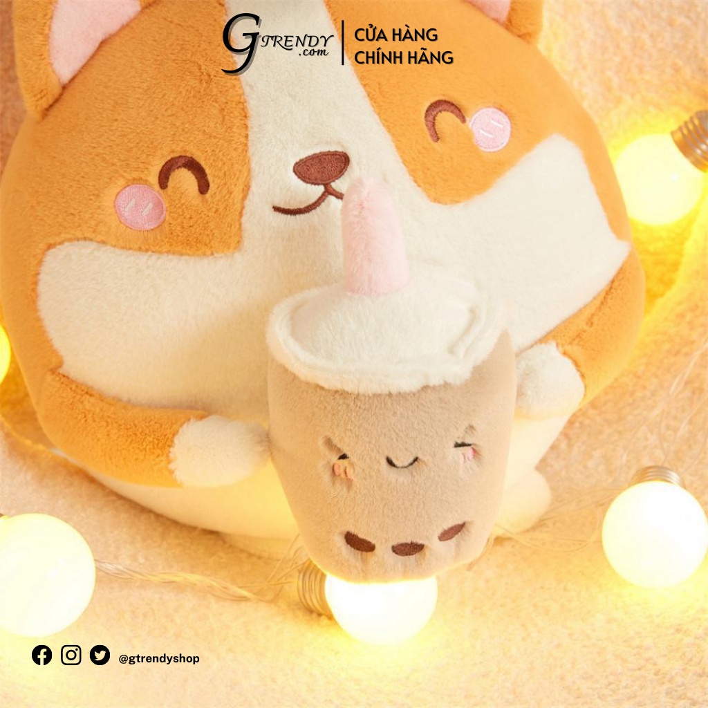 (CÓ SẴN GIAO NGAY) Gấu Bông Chó Corgi Cầm Trà Sữa 30cm GTRENDY