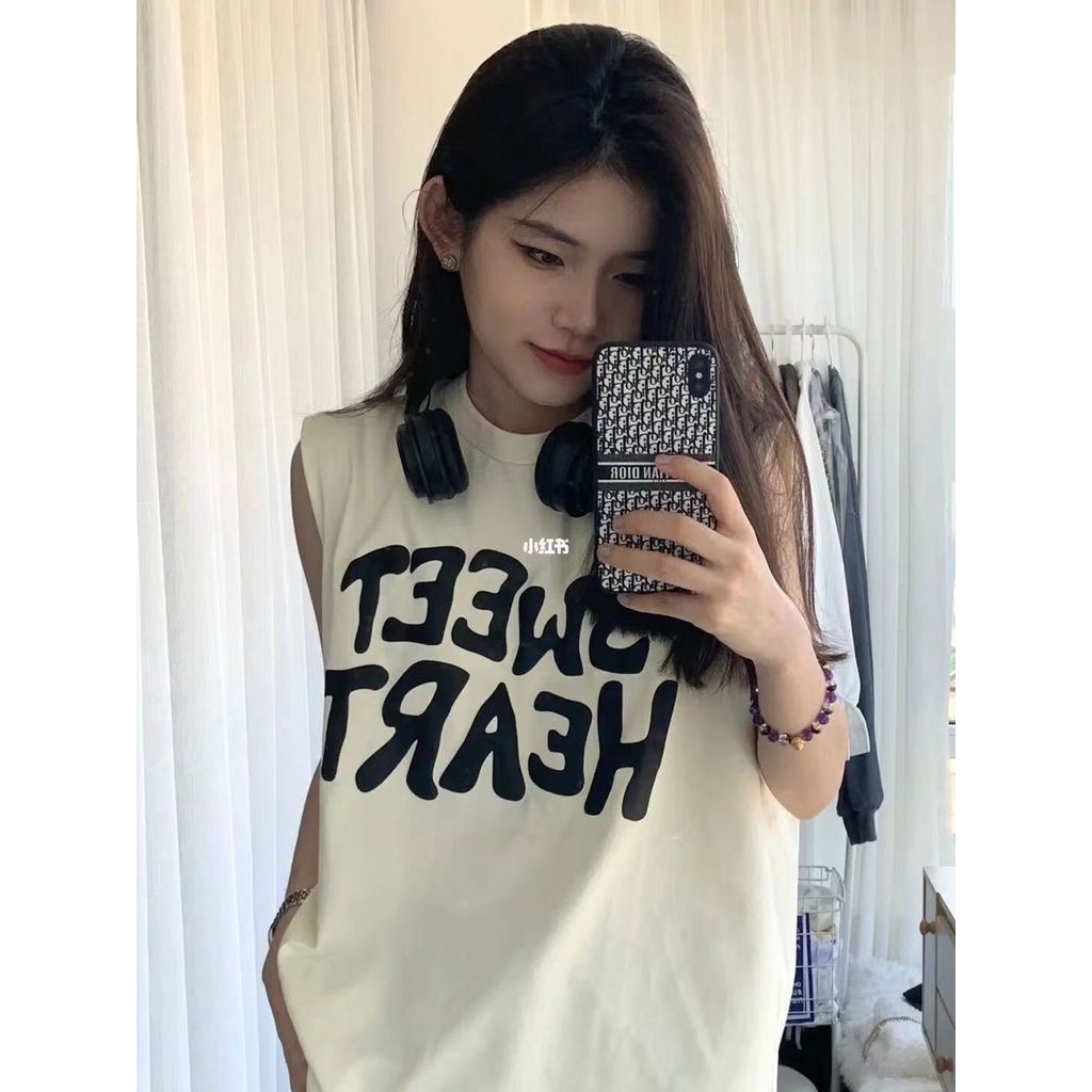 Jiashucheng Áo Thun Sát Nách Dáng Rộng In Chữ Phong Cách Mỹ Thời Trang Mùa Hè Cho Nữ