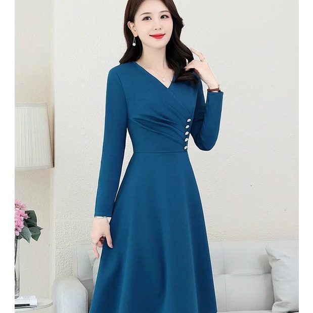 Đầm váy nữ dài tay đính ngọc dự tiệc chữ A màu đỏ xanh sang trọng quý phái