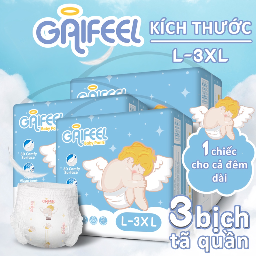 GAIFEEL Tã quần Tã dán trẻ sơ sinh siêu mỏng êm ái thoáng khí size L XL XXL XXXL 3 Gói