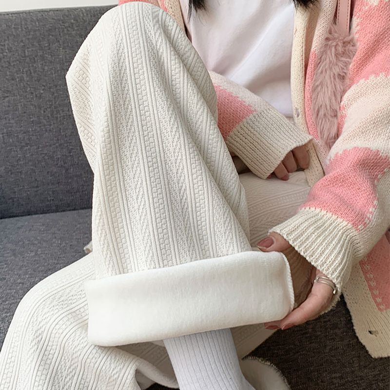 2022 Quần giữ ấm ống rộng dệt kim hoa văn tai lúa mì mùa thu đông