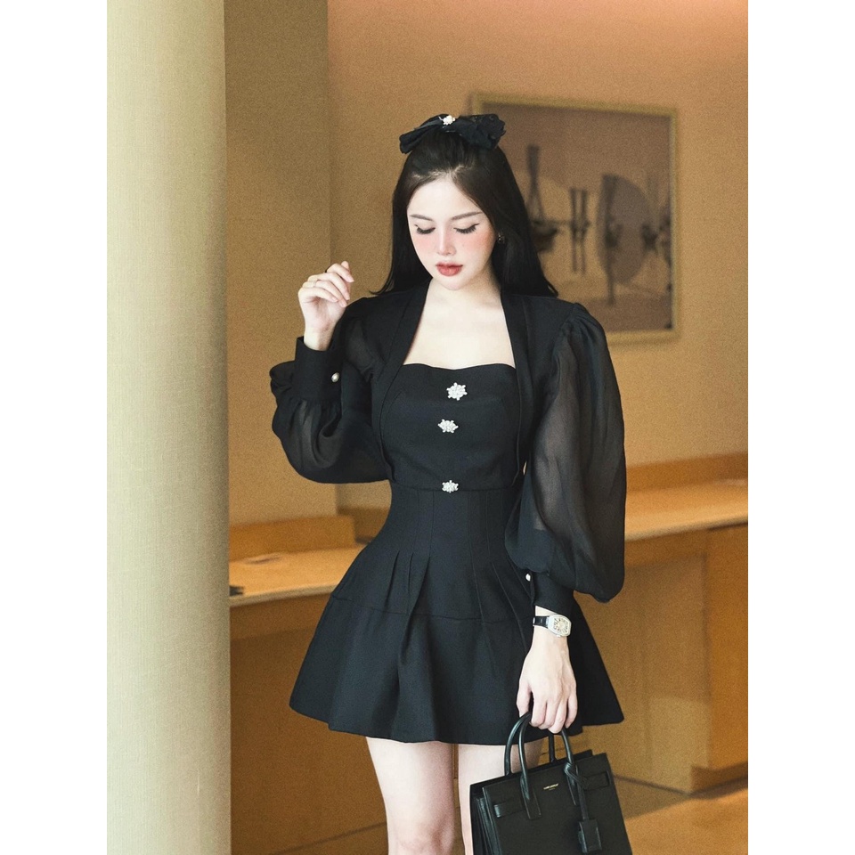 Đầm tiểu thư đi tiệc cá tính, đầm nữ đi chơi thiết kế cúp ngực cổ vuông tay phồng xinh xắn