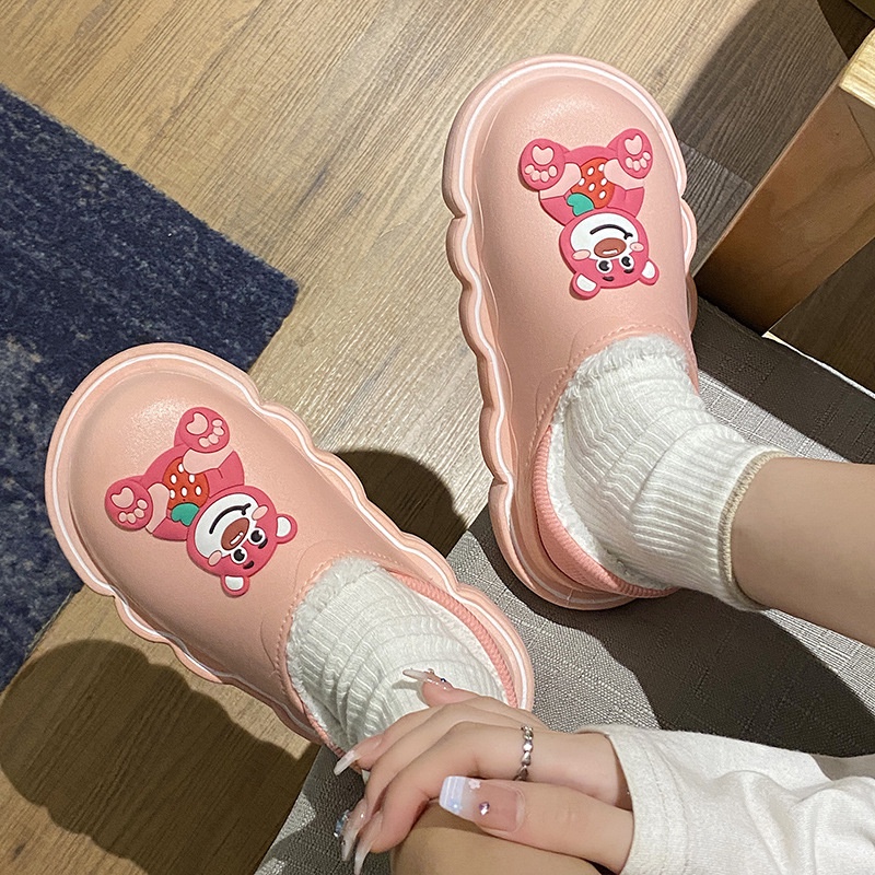 Dép Bông Đi Trong Nhà Chống Trượt Chống Thấm Nước Hình Gấu Dâu Tây Dễ Thương