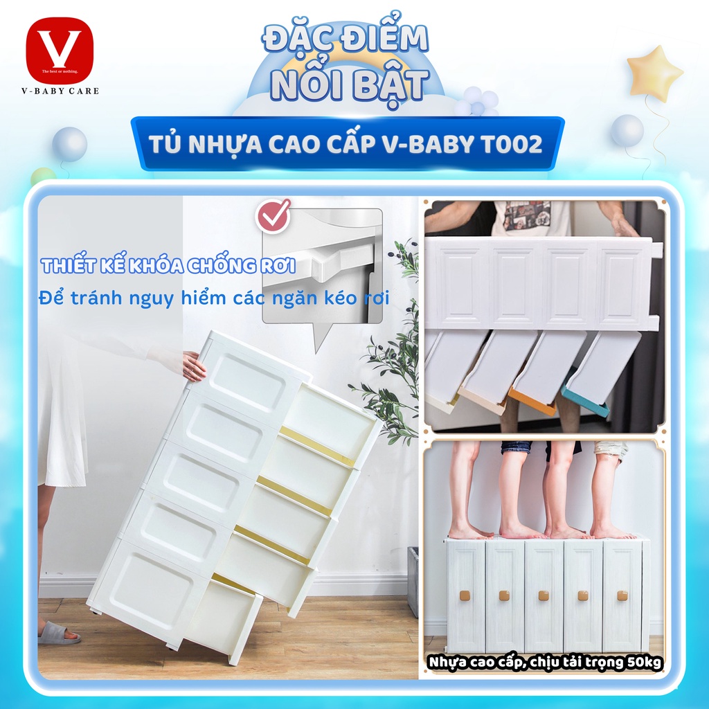 Tủ quần áo cho bé tiện lợi xinh xắn V-Baby T002  nhựa PP an toàn, chắc chắn, nhiều ngăn rộng rãi