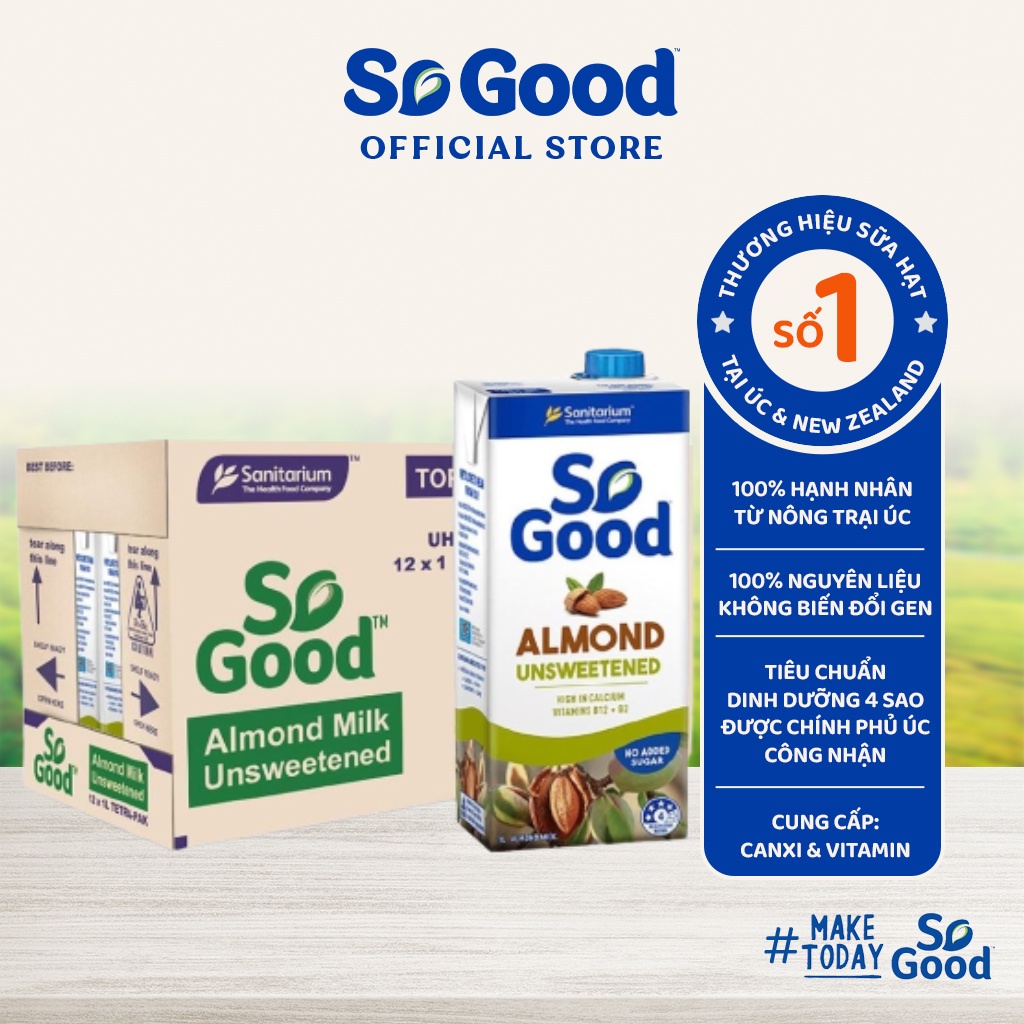 Thùng 12 hộp sữa hạt hạnh nhân không đường SO GOOD 1 Lít bổ sung canxi và vitamin phù hợp người ăn kiêng