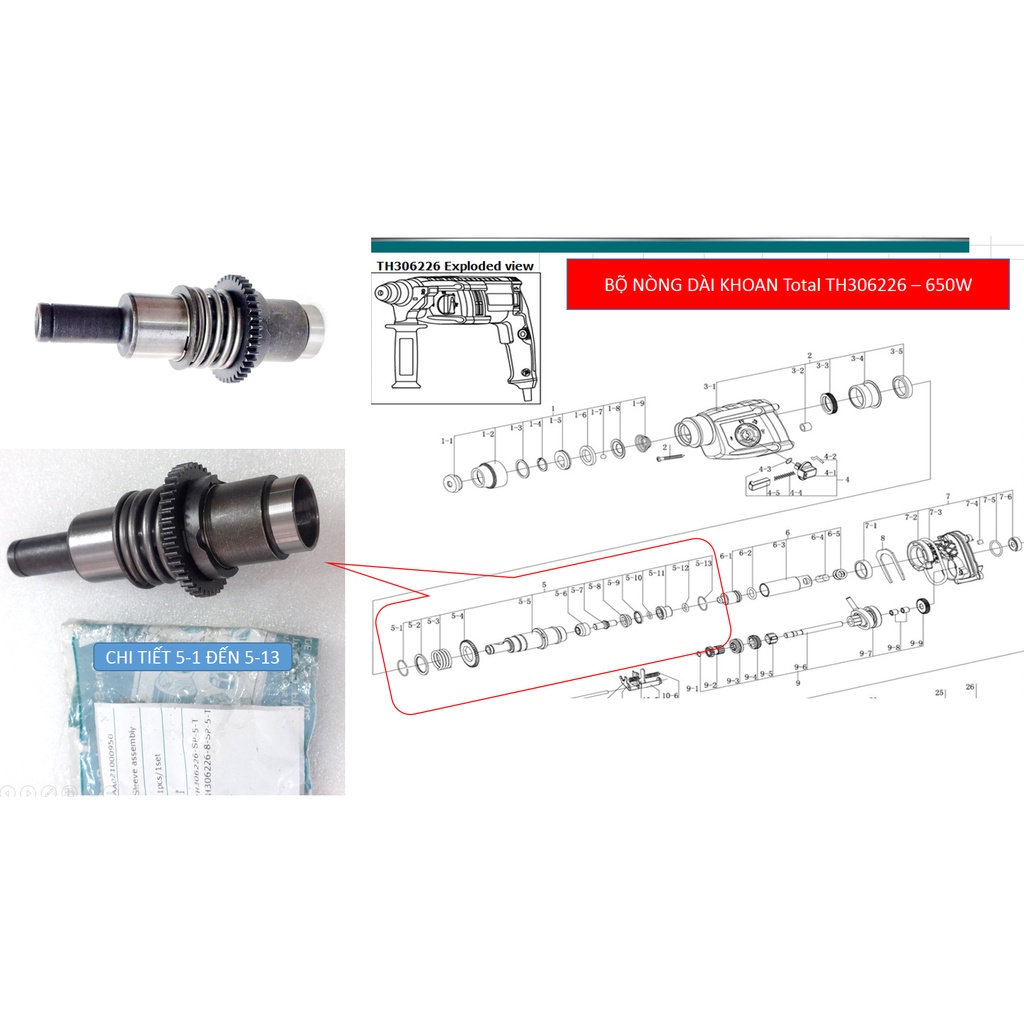 Máy khoan đục 3 chức năng Total TH306226 - 650W, PHỤ TÙNG KHOAN TOTAL TH 306226