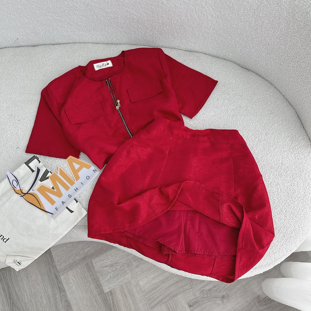 SET ÁO CROP DẠ DÂY KEO + CV CÙNG MÀU ĐỎ - ST0782