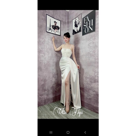 Đầm maxi hai dây đan lưng xẻ tà, Váy cup ngực kim sa ôm body sexy, quyến rũ ba màu trắng đỏ đen thích hợp dự tiệc