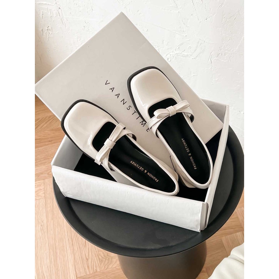 Giày Búp Bê Đế Đốc 2.5Cm Mũi Tròn Da Bóng Quai Nơ Ngang