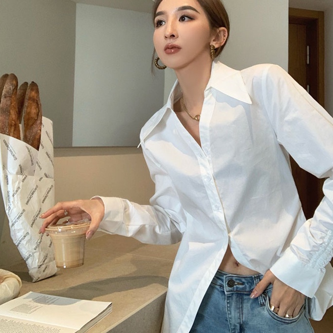 SUXI Áo Sơ Mi Tay Dài Dáng Rộng Cổ Chữ V Thời Trang Vintage Đơn Giản Cho Nữ