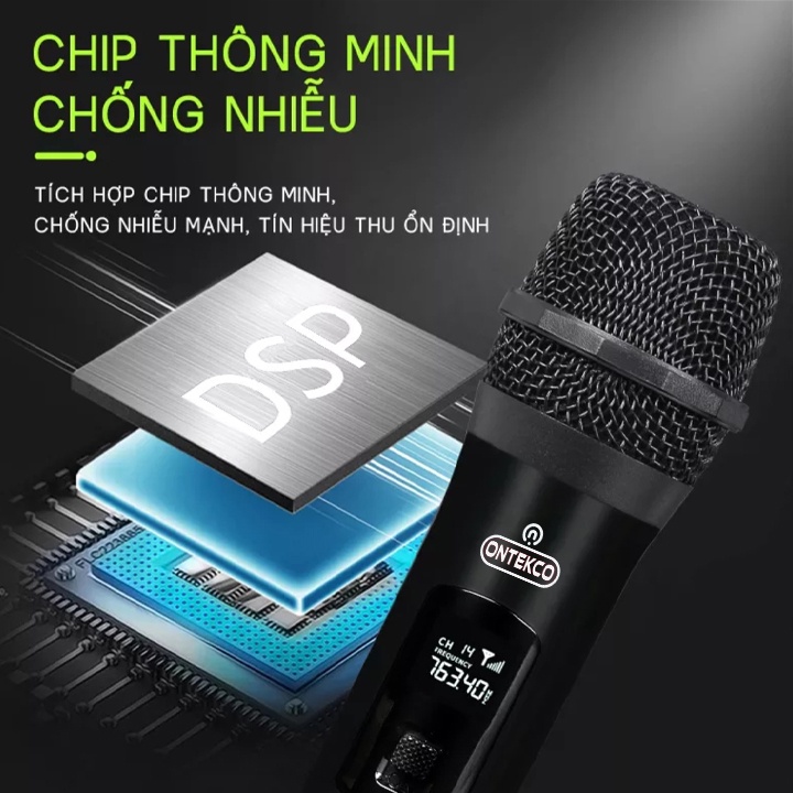 Trọn Bộ micro không dây ONTEKCO MV02 - 2 micro màu đen bóng thu phát sóng VHF không dây