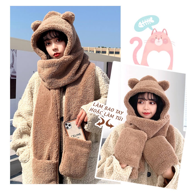 Nón Lông Kiêm Khăn Cổ Có Bao Tay Hình Gấu 3 Trong 1 L2230