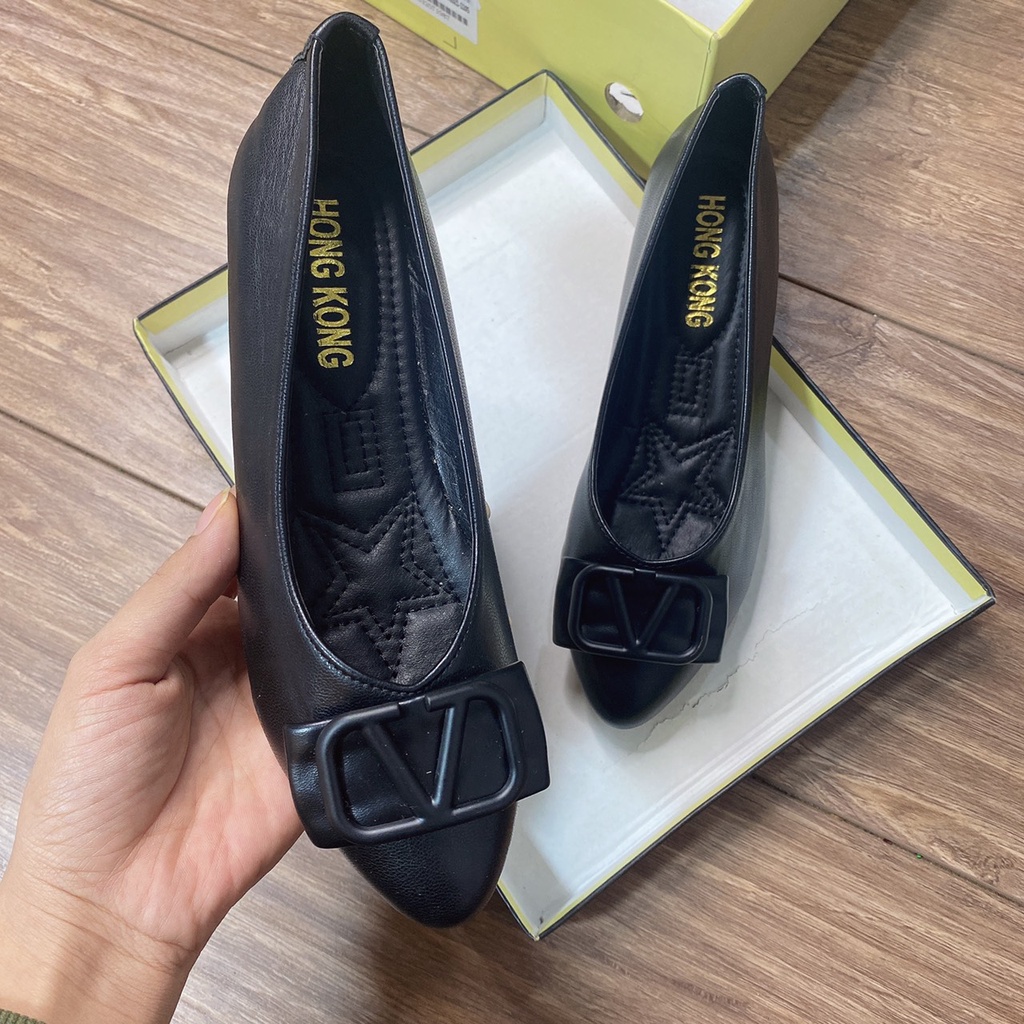 Giày búp bê nữ mũi nhọn phối khóa nhọn chất da lì êm chân mã k45