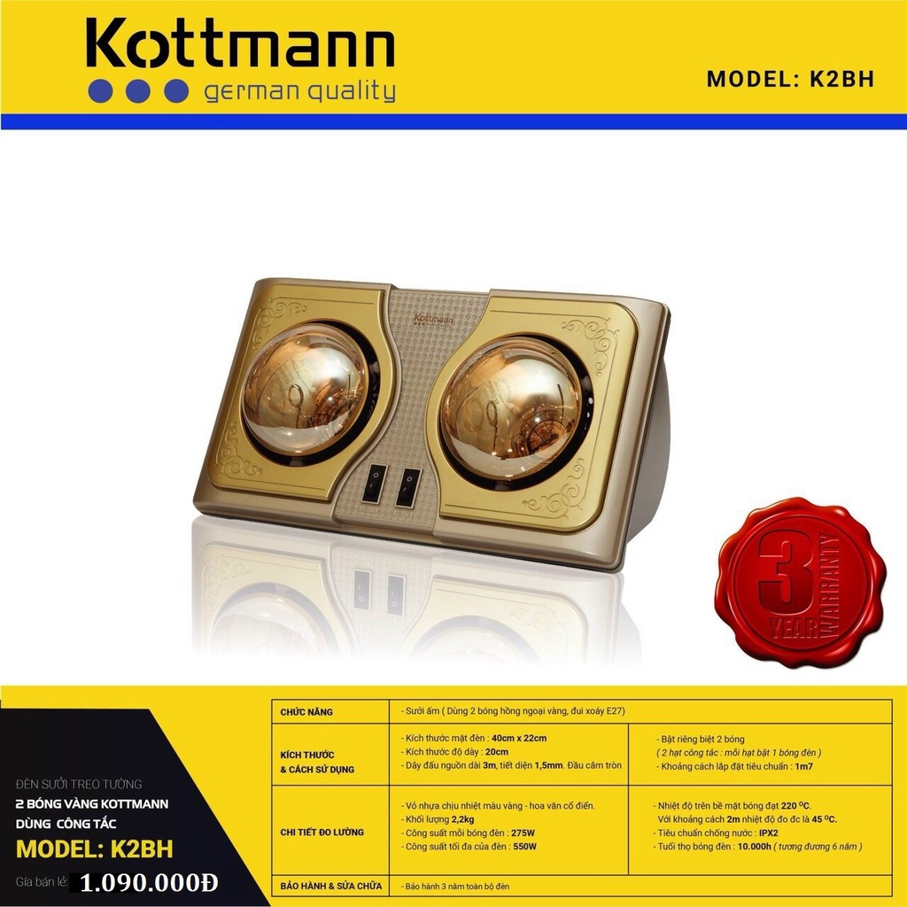 Đèn sưởi nhà tắm Kottmann 2 bóng, 3 bóng K2BH/Q | K3BH/Q | K2BHWG | K4BG [Chính hãng - Bảo hành 3 năm - Lỗi 1 đổi 1]