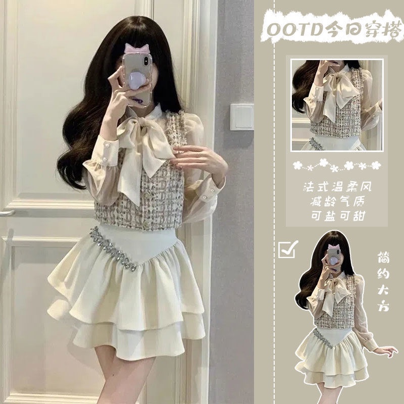 Set Áo Sơ Mi Cột Dây + Áo Khoác Ngoài Không Tay + Chân Váy Lưng Cao Thời Trang Mới Cho Nữ