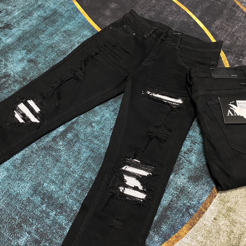 Quần jean nam rách gối vá nhăn trắng,quần bò vá nhăn màu trắng dáng slimfit khâu viền phần vá chắc chắn