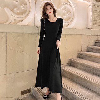 Váy suông dáng dài, váy maxi dài tay dáng xòe trơn basic cổ tròn vải thun tăm co giãn dày dặn phong cách Hàn Quốc