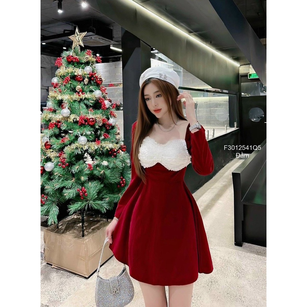 Đầm nhung dáng xòe tay dài phồng nơ ngực!