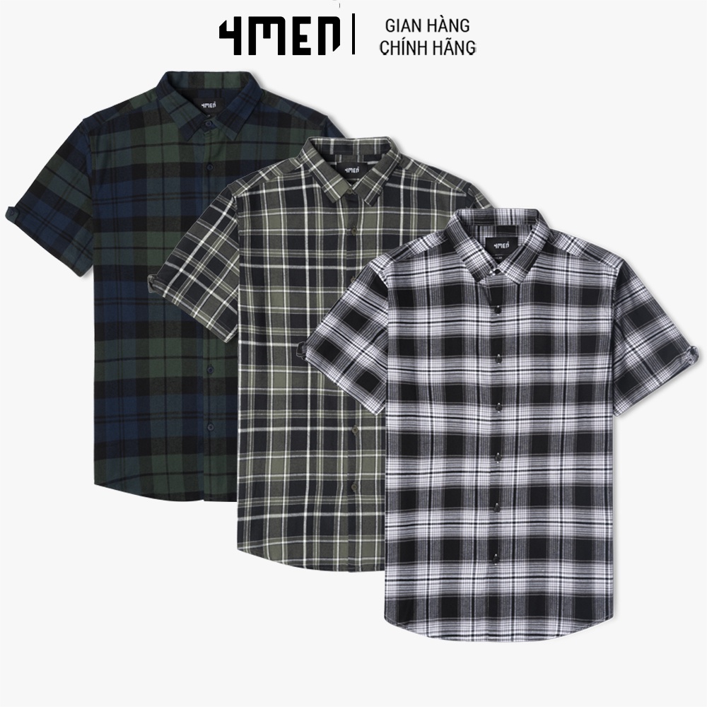 Áo Sơ Mi Nam Tay Ngắn Flannel Regular đắp nhọn 4MEN SM124 caro cổ đứng thanh lịch, vải mềm mại thấm mồ hôi, thoáng mát