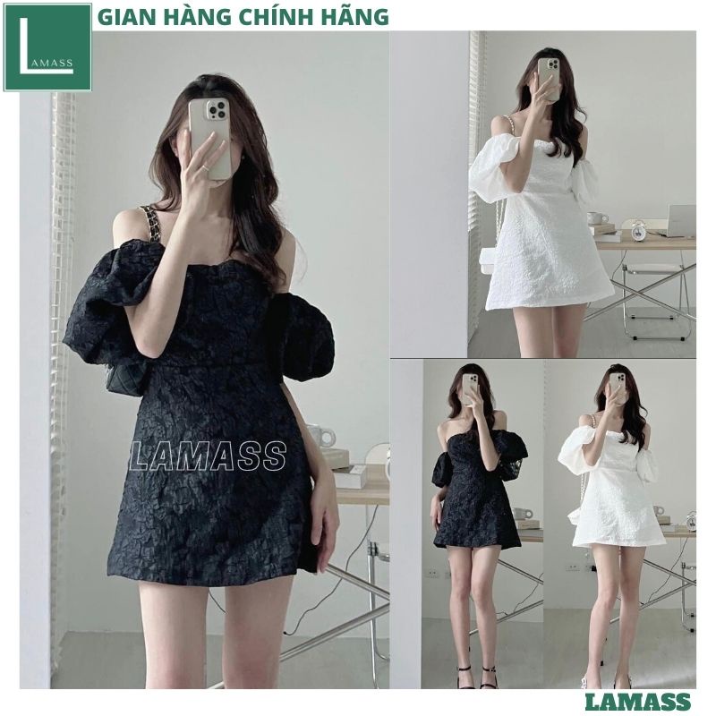 Đầm GẤM trễ vai tay bồng kèm mút ngực tiểu thư sang chảnh hoa nổi có khóa sau lưng - Váy chữ A 2 màu trắng đen - LAMASS