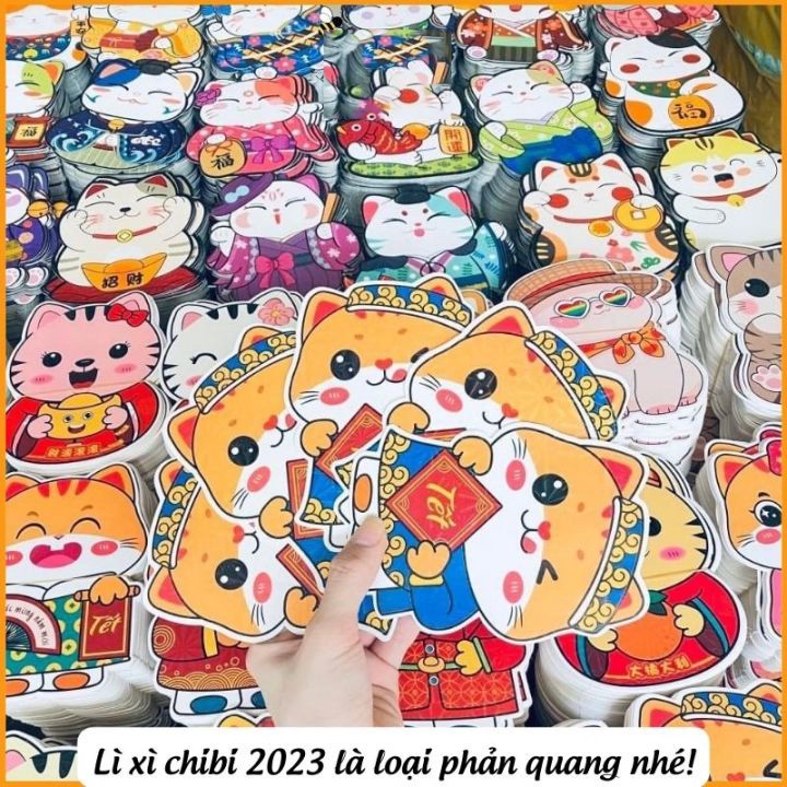 Bao lì xì tết 2023, bao lì xì thiết kế phong bì lì xì siêu dễ thương, chibi hoạt hình con mèo tết Quý Mão 2023