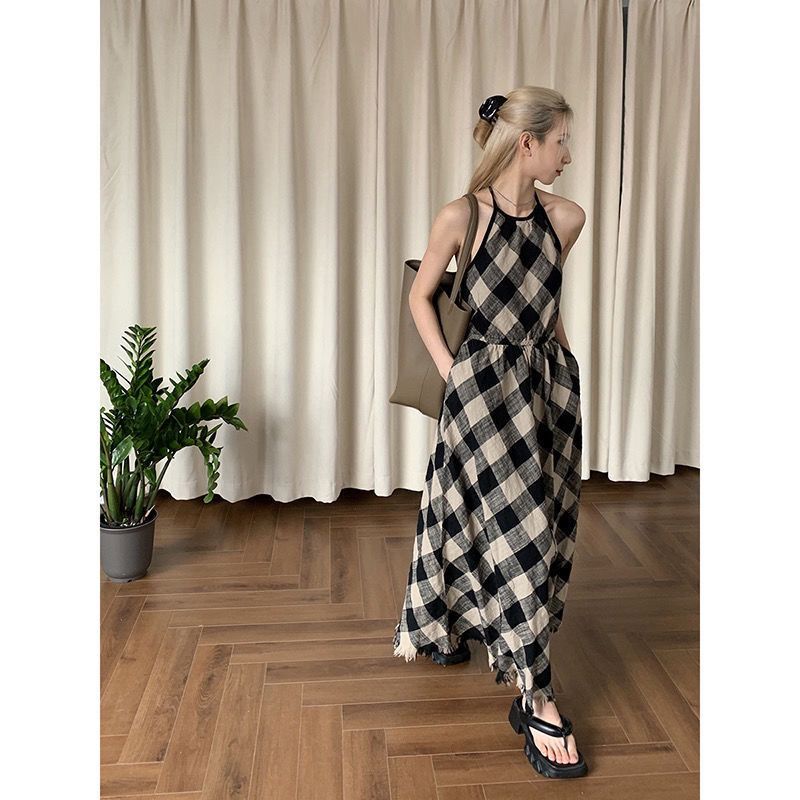 Đầm Hai Dây Dáng Dài Họa Tiết Sọc Caro Phong Cách Pháp Cao Cấp Thời Trang Mùa Hè Hàng Mới Dành Cho Bạn Nữ