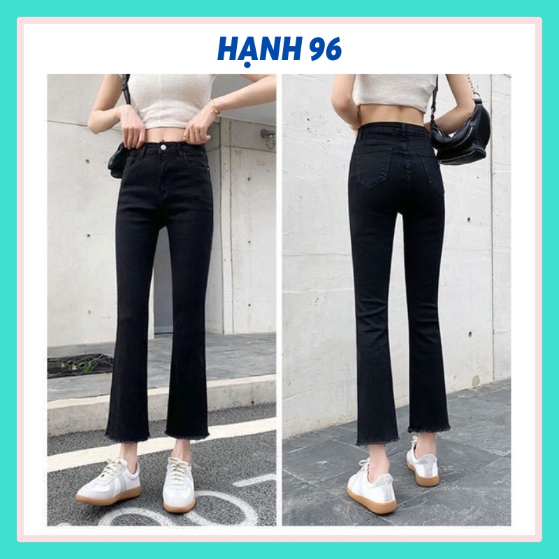 Quần jean ống loe lưng cao màu đen trơn vải jean giấy co giãn Hàn Quốc