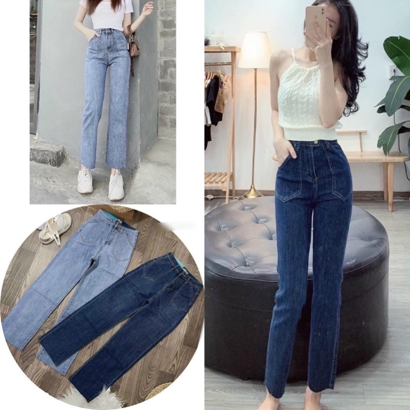 Quần jeans ống đứng túi dán lưng cao chất giãn mềm phong cách hiện đại