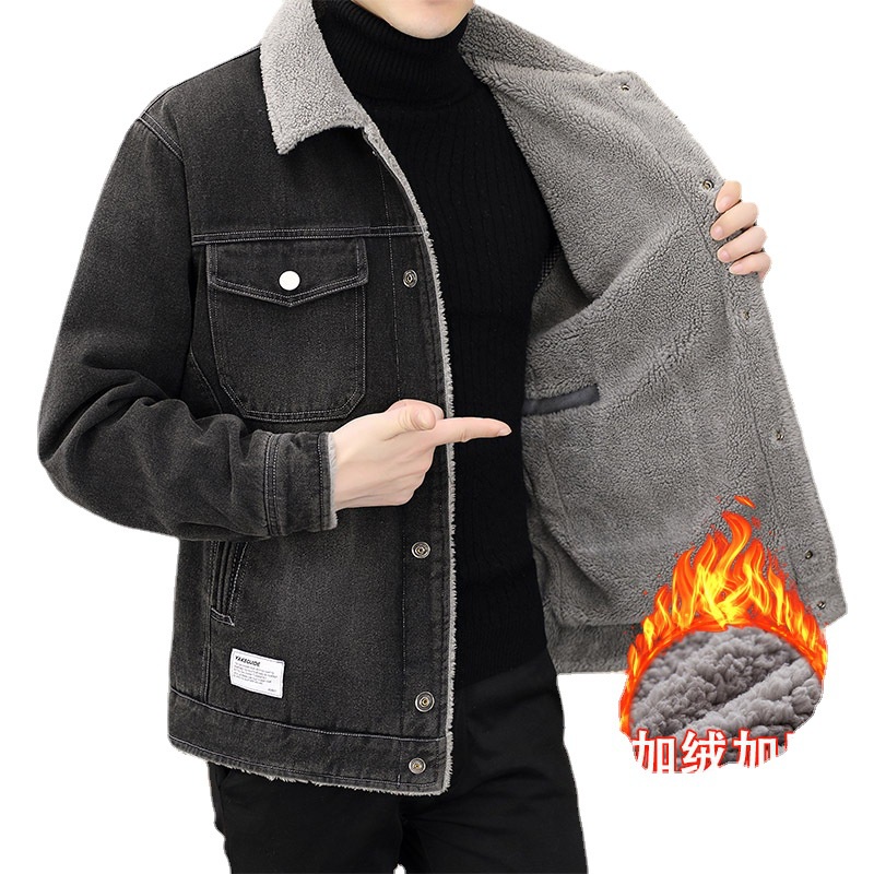 Áo Khoác Denim Lót Lông Cừu Dáng Rộng Thời Trang Thu Đông Kiểu Mới Cho Nam