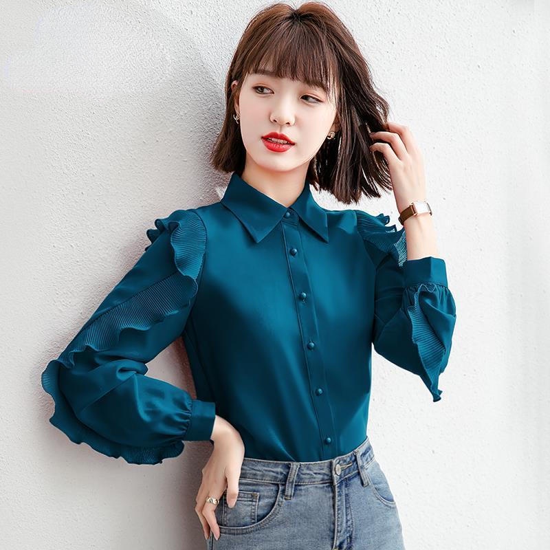 Áo Sơ Mi Chiffon Màu Đỏ Phối Bèo Thời Trang Mùa Xuân Kiểu Mới