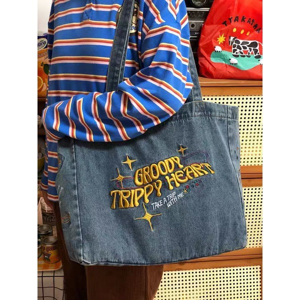 Túi tote denim Cỡ Lớn Phong Cách vintage Nhật Bản