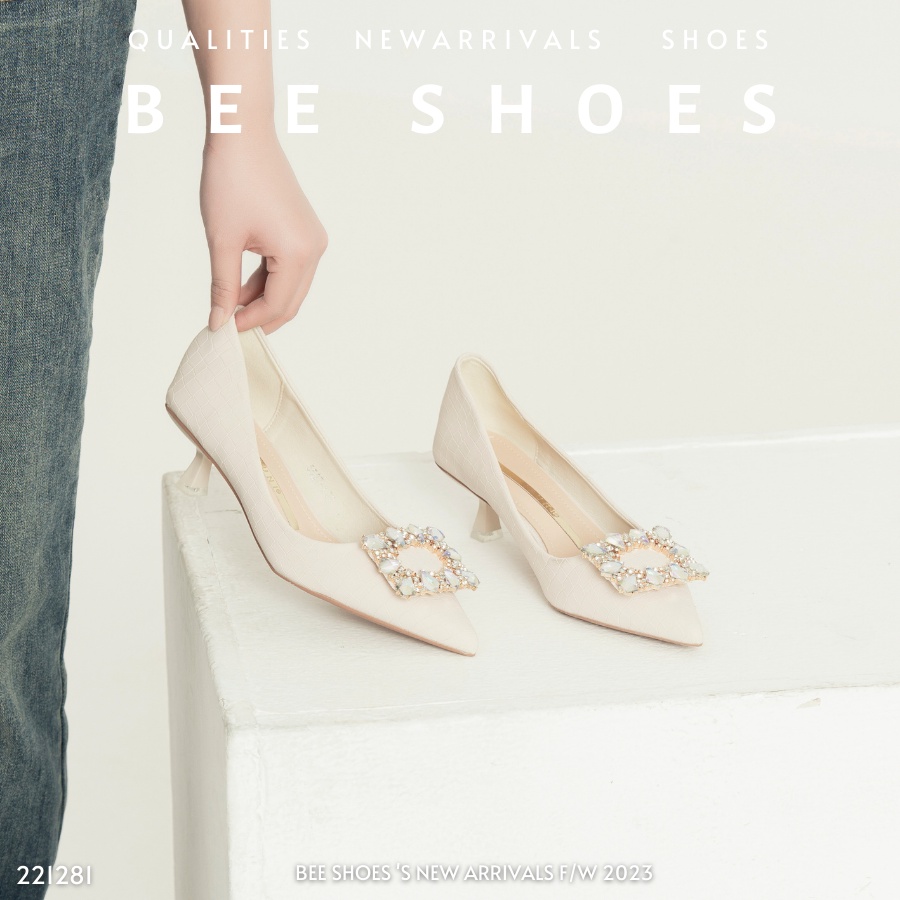 GIÀY CAO GÓT BEESHOES NỮ MŨI NHỌN - GIÀY CAO GÓT NỮ GÓT NHỌN CAO 5 PHÂN SẴN MÀU ĐEN - KEM 221281