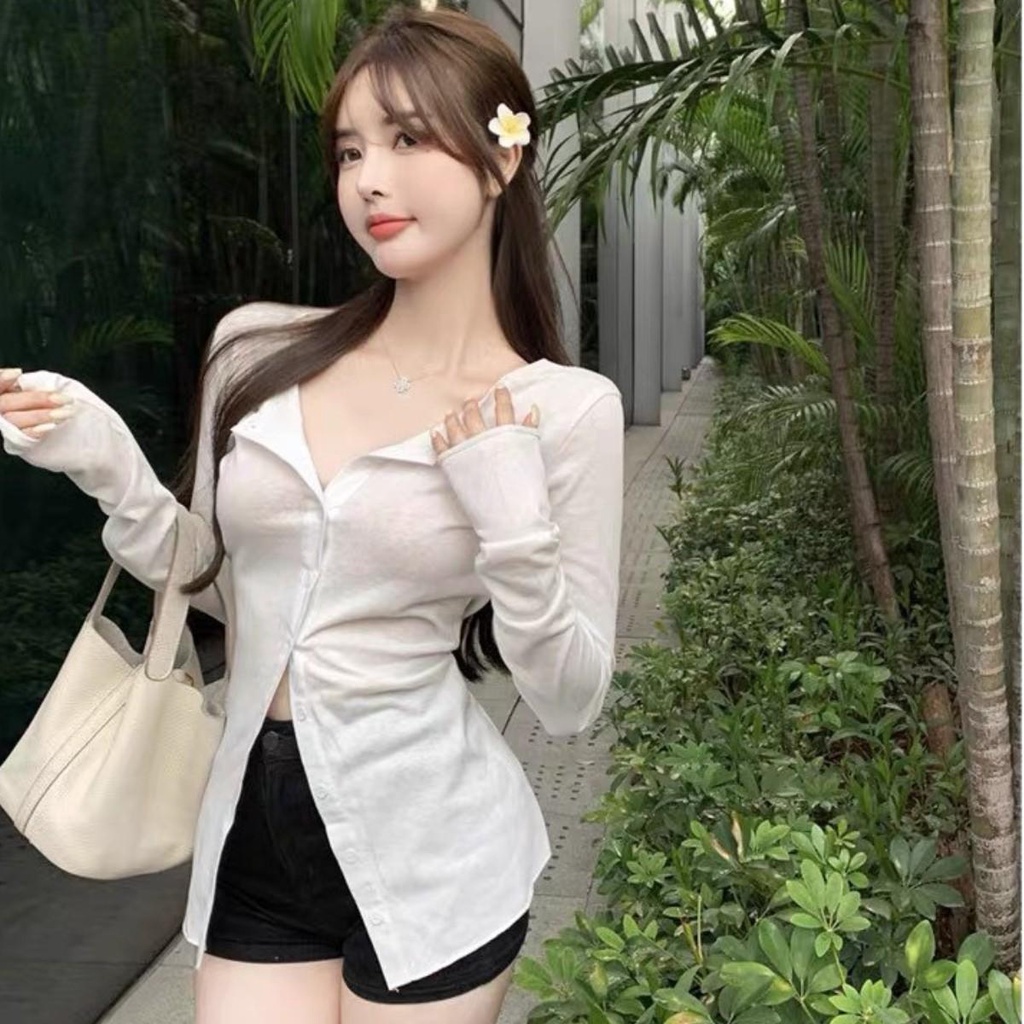 Áo kiểu tay dài PINKSTORE29 có cúc cài, cổ kiểu bẻ dáng ôm body gợi cảm A5557