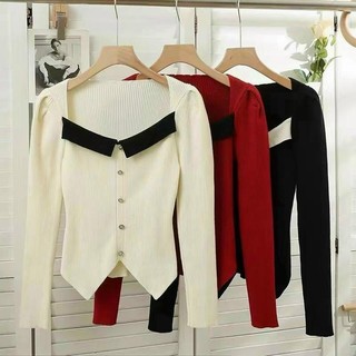 Ao len cổ vuông viền tay bồng QC 3 màu