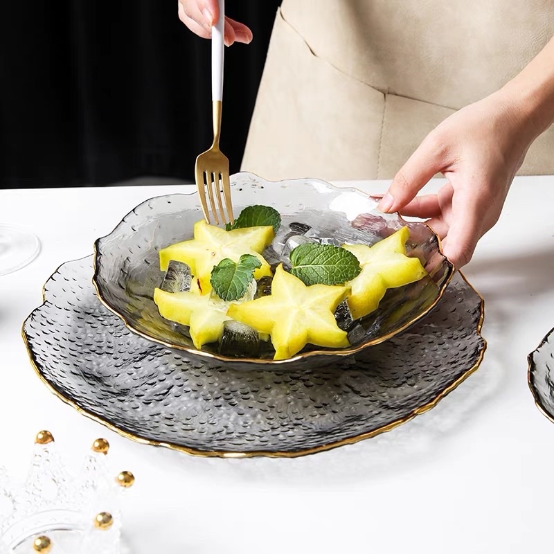 Đĩa thủy tinh cao cấp ghi xám đen viền vàng,để hoa quả,salad,bánh kẹo