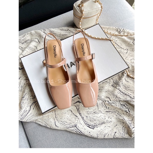 Sandal mũi vuông da bóng quai ngang khuy đá cài gót thấp fullbox hàng quảng châu cao cấp