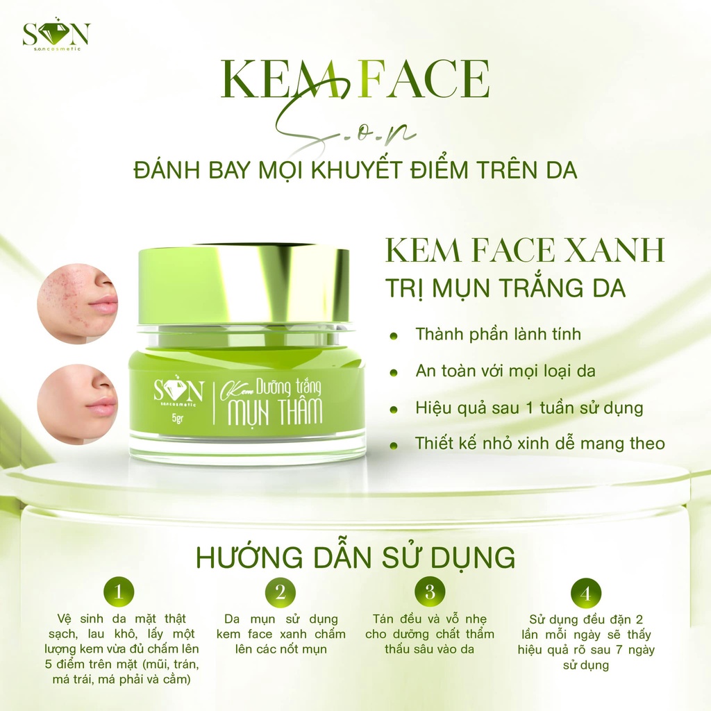 KEM FACE S.O.N MÀU XANH DƯỠNG TRẮNG GIẢM MỤN THÂM MẪU MỚI 2022