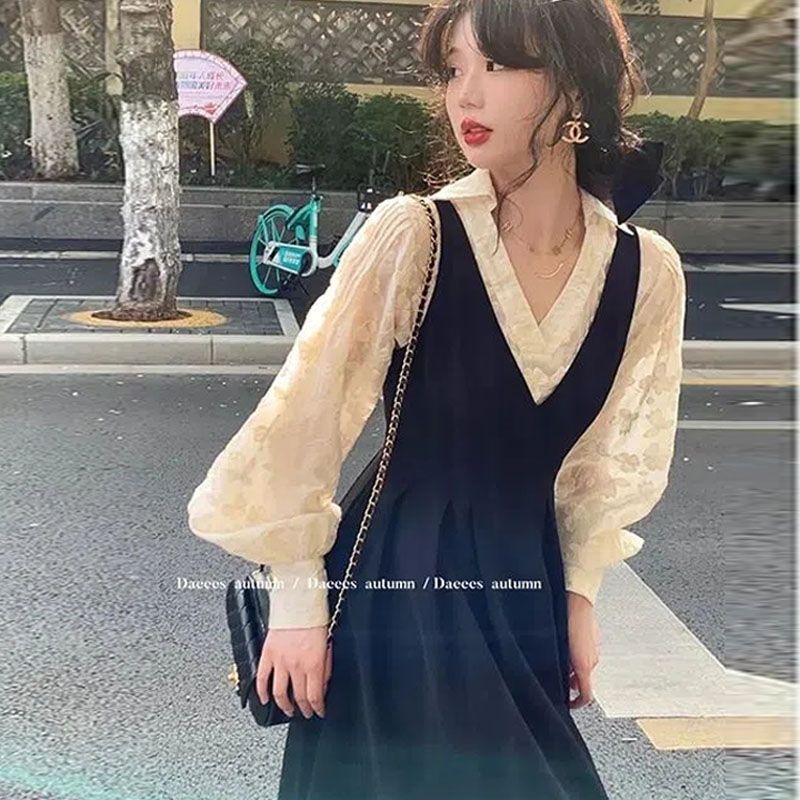 Set Áo Sơ Mi Tay Dài + Đầm Yếm Thời Trang Mùa Thu 2022 Cho Nữ 12.30