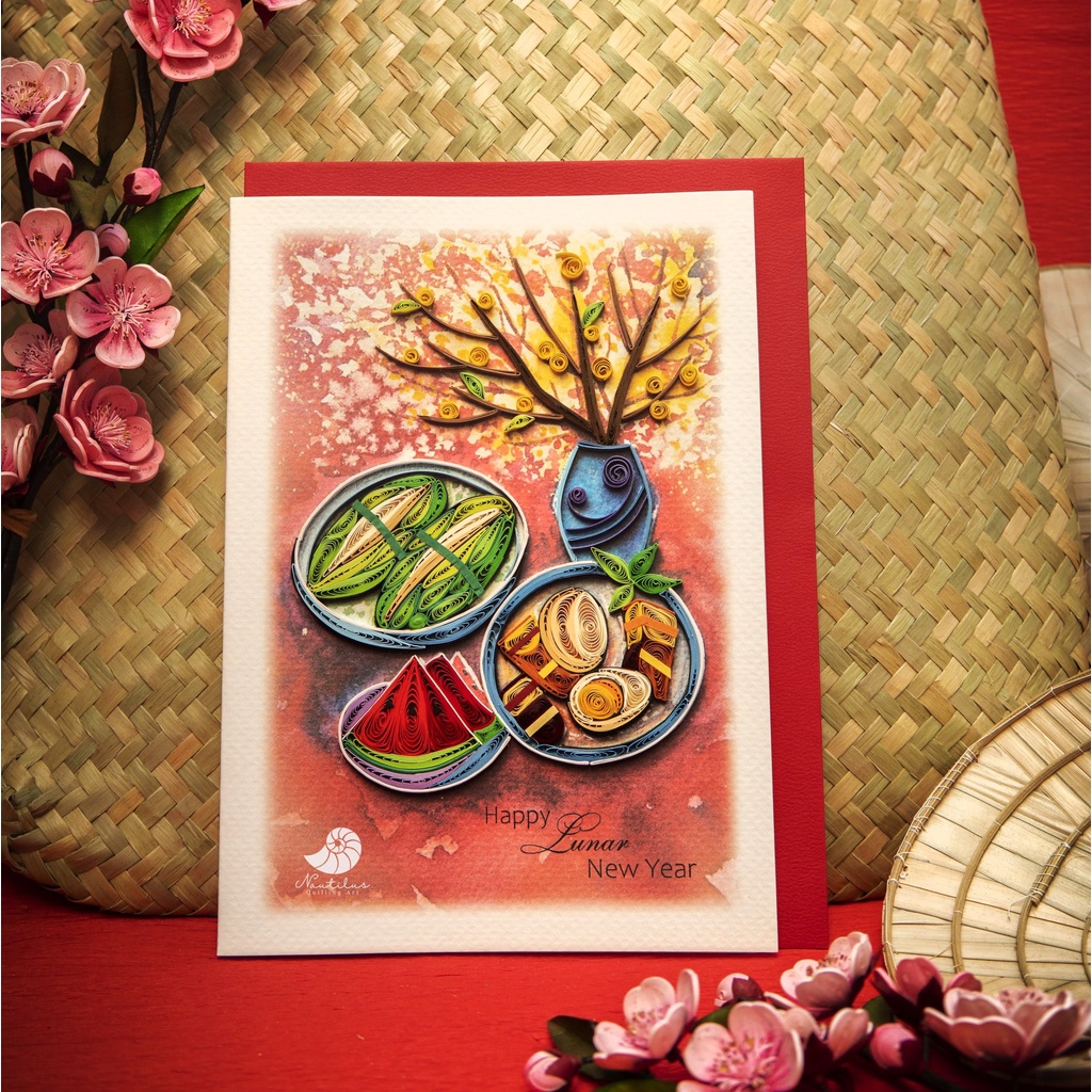 Thiệp Quilling Giấy Xoắn, Thiệp Mâm Cỗ Tết, Thiệp giấy Handmade làm Quà lưu niệm tặng Người thân 13cmx18cm (Size To)