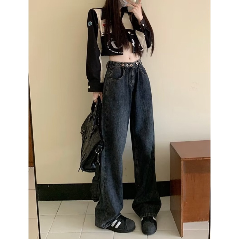 Daduhey Quần jean lưng cao dáng rộng phong cách retro thời trang Hàn Quốc cá tính cho nữ