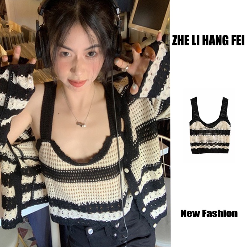 【ZHELIHANGFEI】Áo Cardigan Dệt Kim Lưng Cao Họa Tiết Kẻ Sọc Phong Cách Quyến Rũ