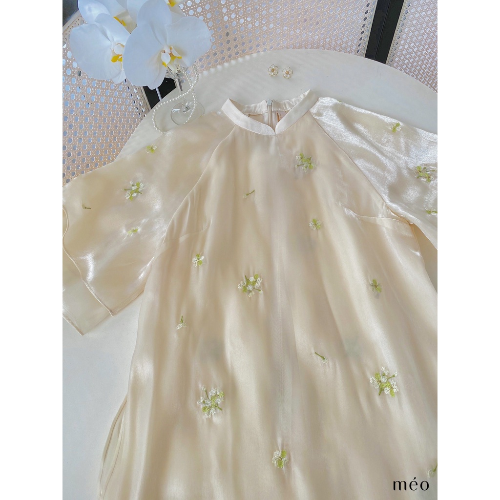 Áo dài thiết kế Méo shop dáng suông tay bèo thêu hoa cao cấp Giao Minh, chưa bao gồm quần