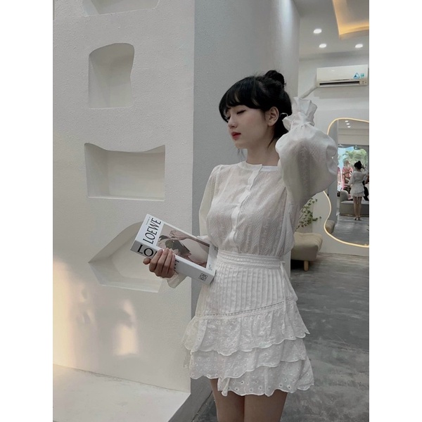 SET ÁO TRẮNG XÔ REN HOA CỔ TRỤ + CHÂN VÁY XÉO TẦNG✨
