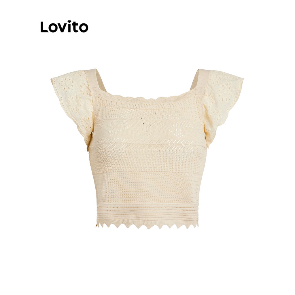 14de-Lovito Bình thường Vòng đeo tay thêu Hem trơn Ruffle Tay áo nữ dệt kim Top L35ED015 (Mơ)