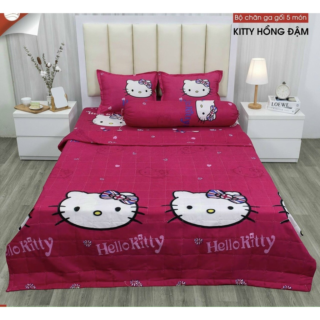 Ga trải giường ga bo chun sẵn kích thước m8x2m drap 4 mùa mẫu Mèo Kitty hồng - drapdeding