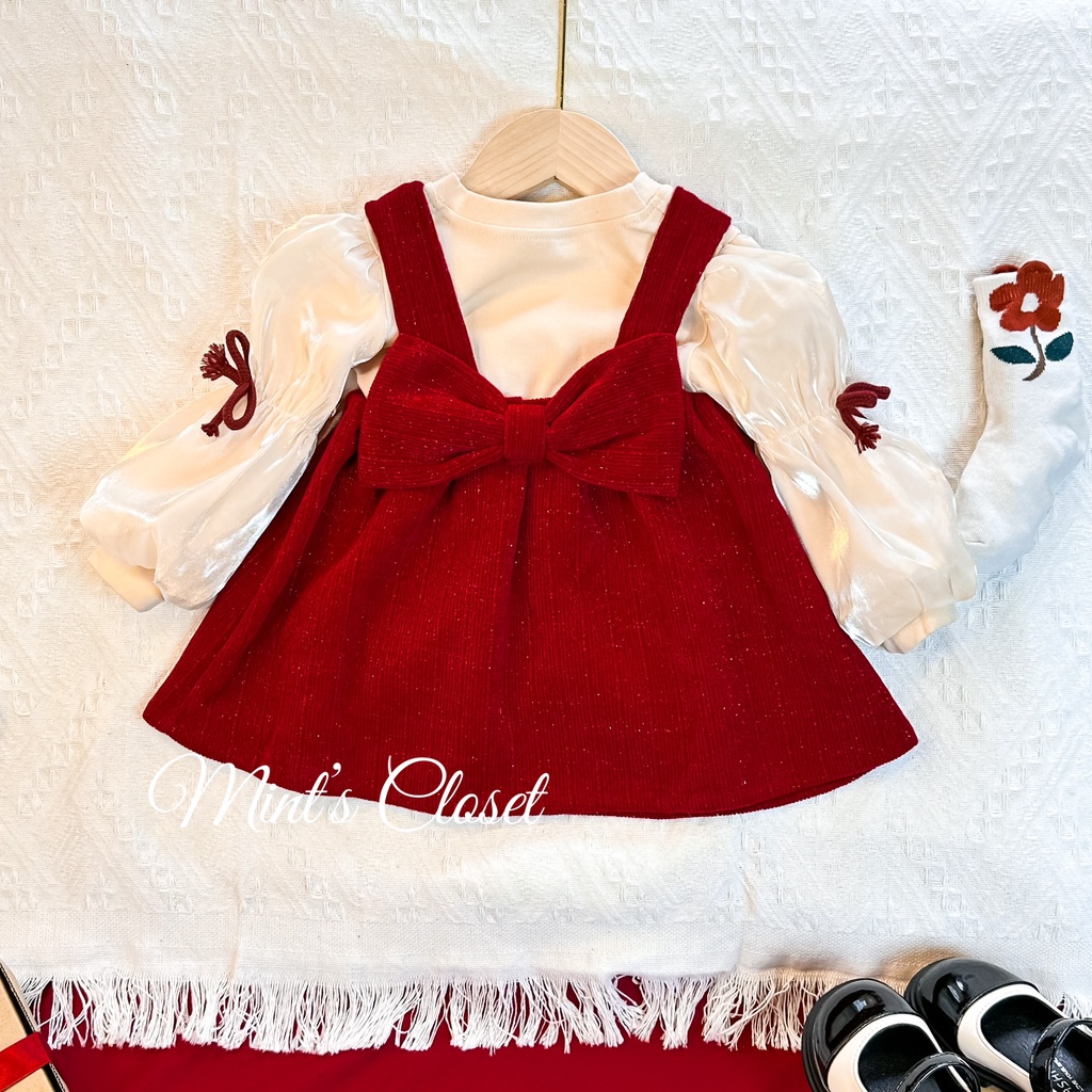 Set váy bé gái babydoll áo dài tay MINTSCLOSET Mint's Closet đầm cho bé nhung đỏ 1 2 3 4 tuổi - GV0099 - GS1110