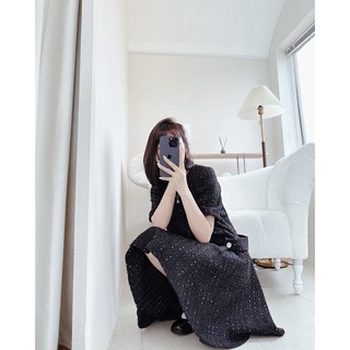 Váy dạ tweed đai eo dáng xoè