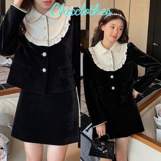 Set chân váy nhung đen cổ bèo dài tay dáng tiểu thư bánh bèo tết 2023