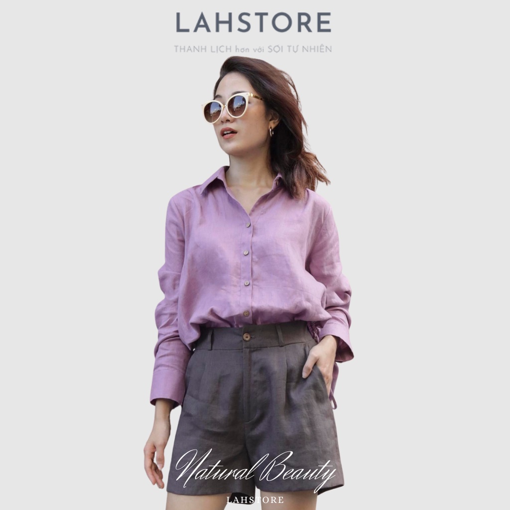 Áo sơ mi nữ form rộng tay dài vải linen, dây rút eo LAHSTORE (Xanh CoBan)