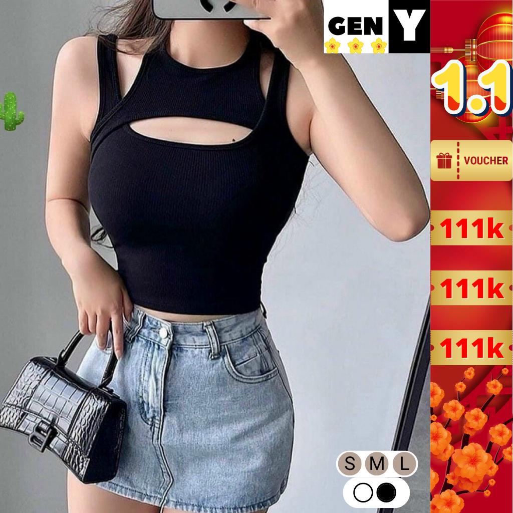 Áo hai dây cổ yếm khoét ngực GenY, Áo ba lỗ nữ khoét vai chất thun gân mềm mịn